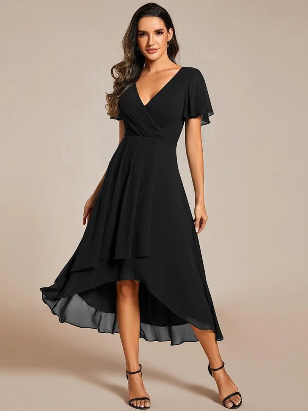 Ever Pretty Black V-Neck Flutter Sleeve High-Low Dress Size 12